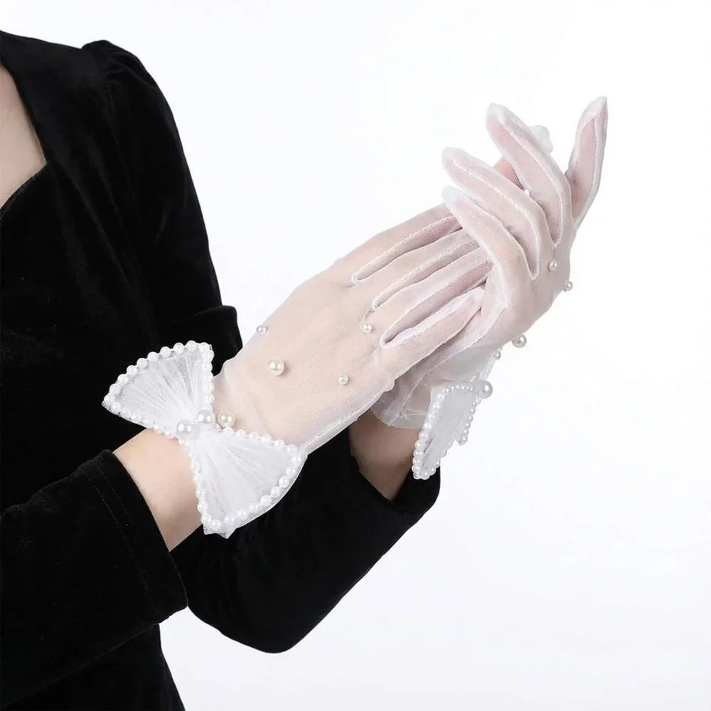 Women's Tulle Mesh Short Pearl Bow White Gloves Wedding Party Tea Accessories
